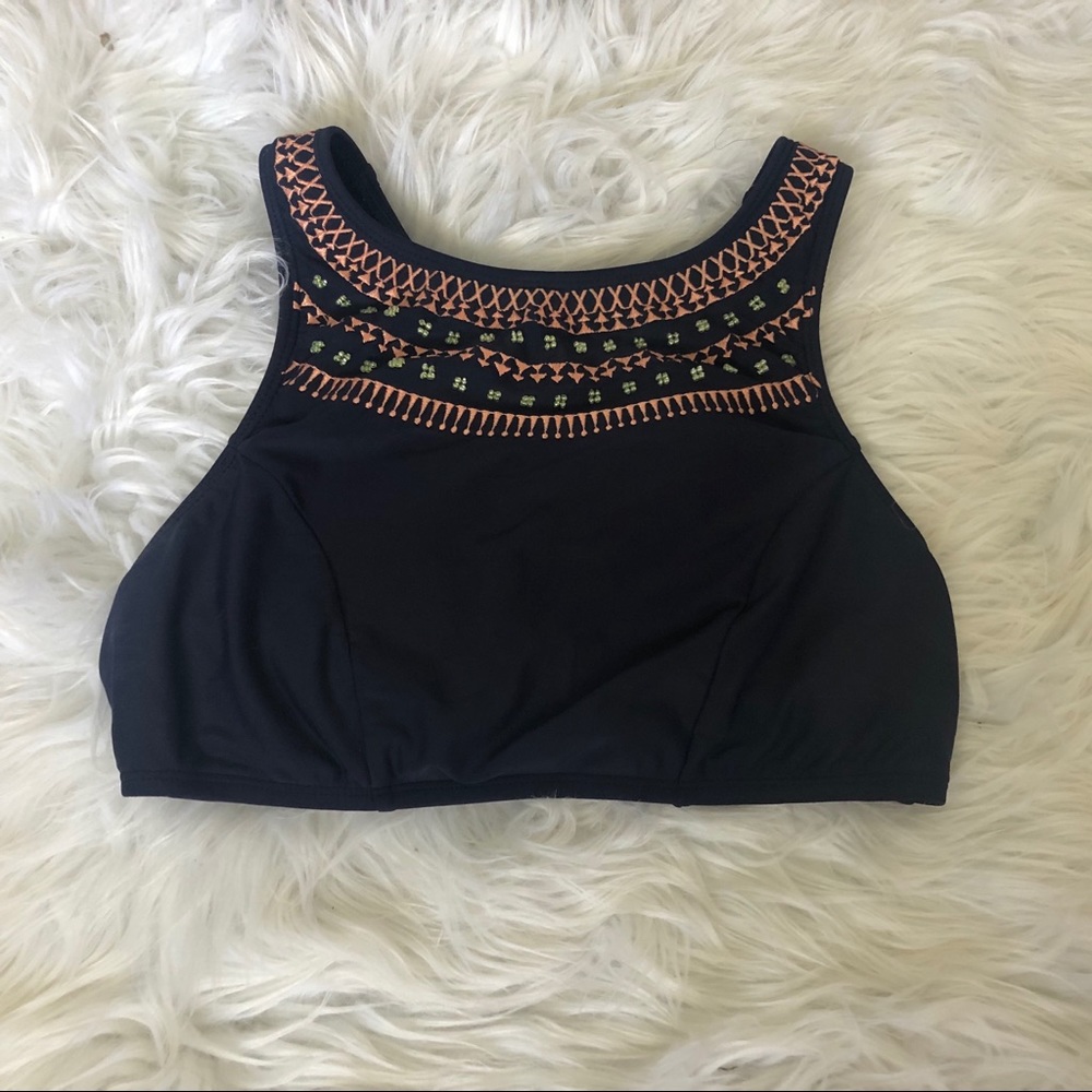 navy blue halter bikini top with peach embroidery